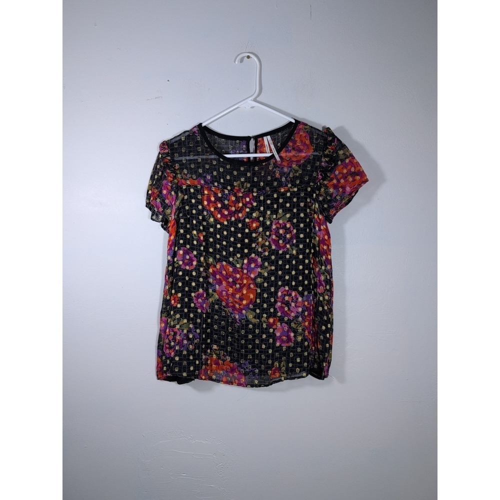 by‎ Anthropologie Size 10 Sheer Foral Overlay Blouse Flutter Metallic Lined Boho
